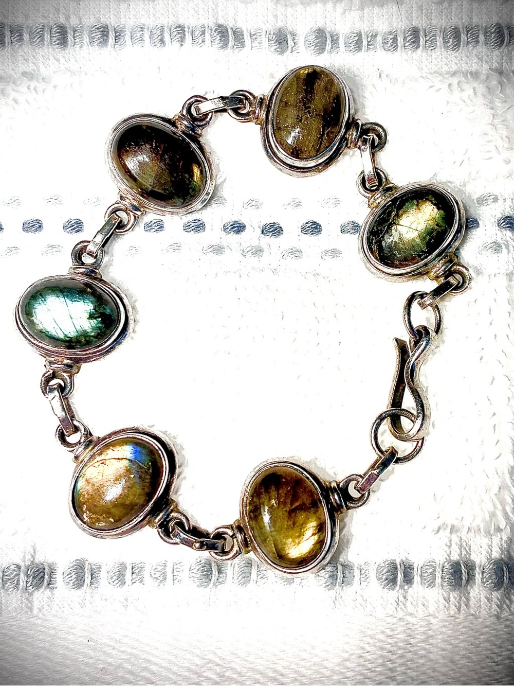 Antique Sterling Silver Labradorite Gemstone Link Bracelet,Six Oval-Cut Gems